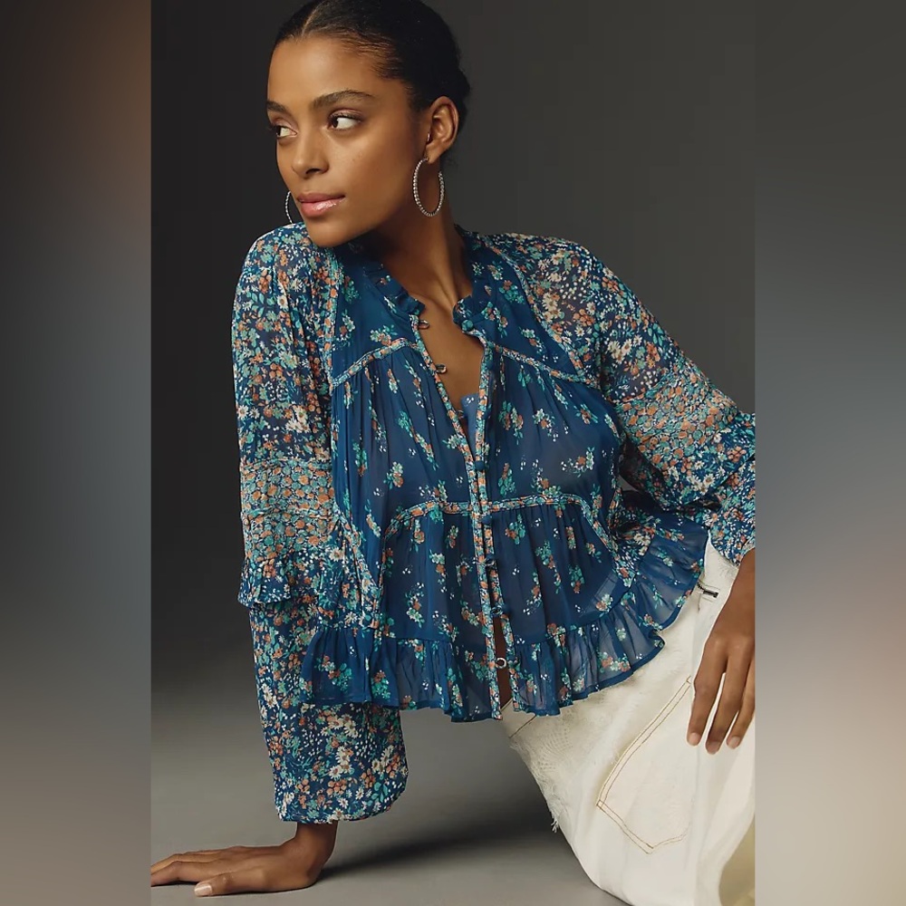 Boho Floral Ruffled Peasant Blouse - Navy